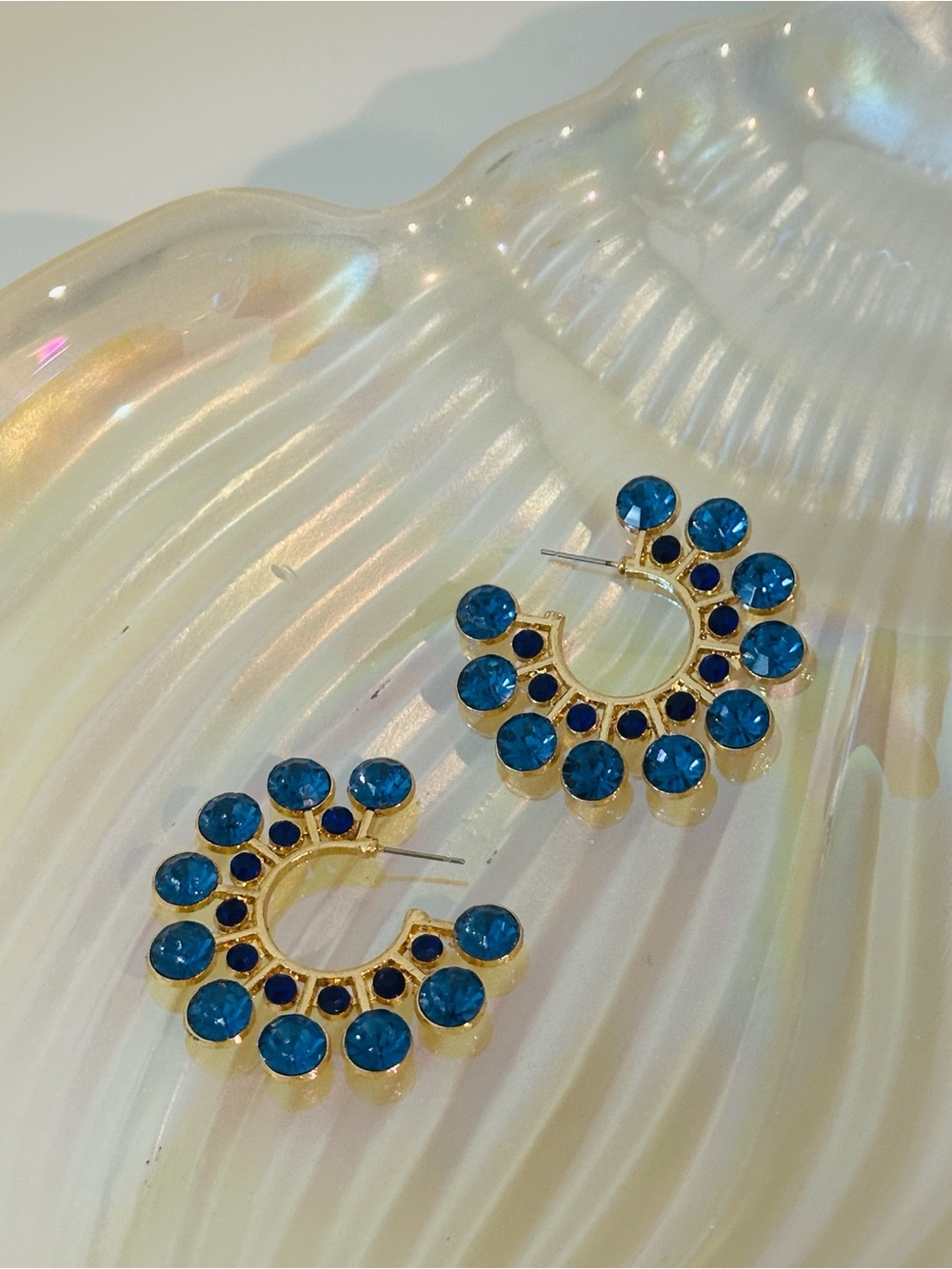 Fashion Jewelry Gold Hoop Earrings with Blue Gems